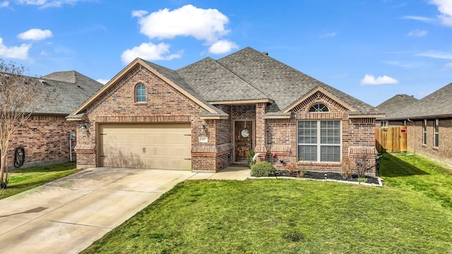 view of front of house featuring brick siding, concrete driveway, roof with shingles, an attached garage, and a front yard