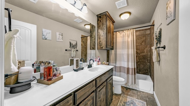 full bath featuring a textured ceiling, toilet, vanity, visible vents, and shower / bath combination with curtain