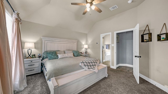 bedroom featuring visible vents, a ceiling fan, carpet flooring, vaulted ceiling, and baseboards