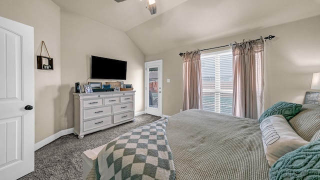 bedroom with carpet flooring, vaulted ceiling, ceiling fan, access to outside, and baseboards