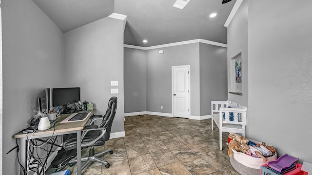 home office featuring ornamental molding, recessed lighting, and baseboards