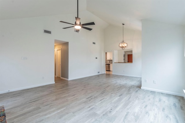 unfurnished living room with visible vents, baseboards, light wood-type flooring, ceiling fan with notable chandelier, and high vaulted ceiling