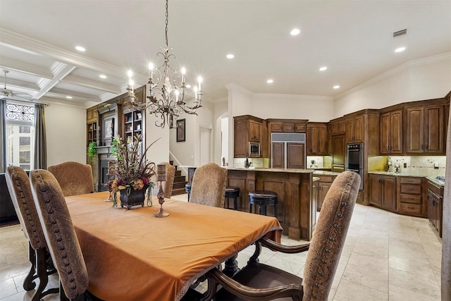 dining space featuring recessed lighting, visible vents, stairway, ornamental molding, and coffered ceiling