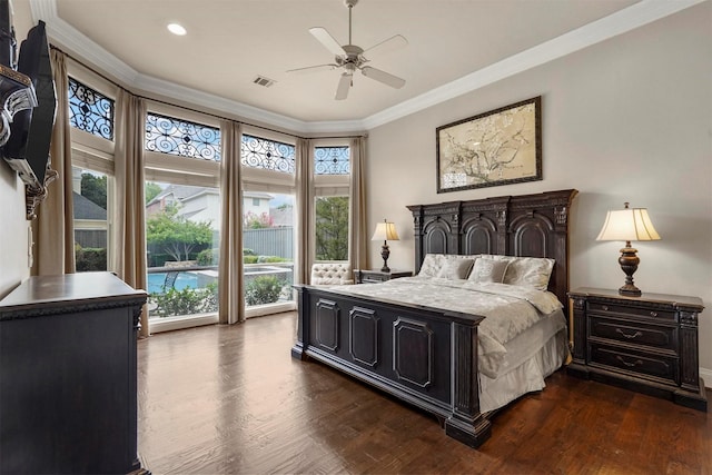 bedroom with visible vents, a ceiling fan, dark wood-style floors, access to outside, and crown molding