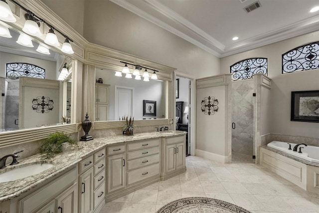 full bath with ornamental molding, a stall shower, a sink, and a bath