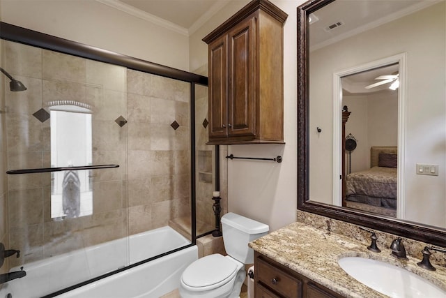 ensuite bathroom featuring visible vents, toilet, ornamental molding, ensuite bathroom, and vanity