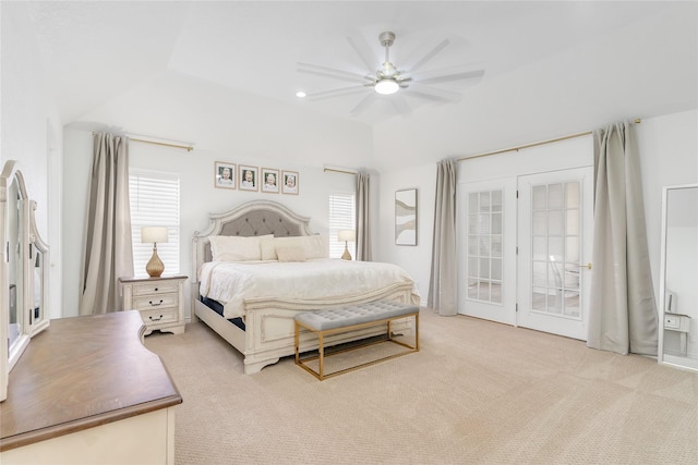 bedroom with access to exterior, light carpet, and ceiling fan