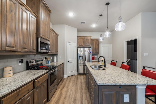 kitchen with a breakfast bar, visible vents, decorative backsplash, appliances with stainless steel finishes, and a sink