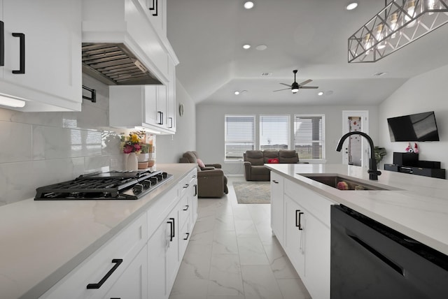 kitchen with black dishwasher, custom exhaust hood, open floor plan, a sink, and gas cooktop