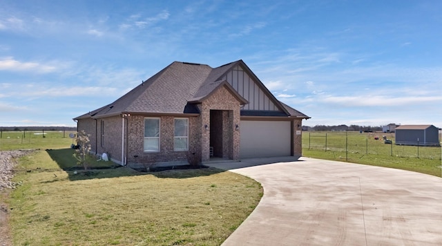 view of front facade with board and batten siding, brick siding, and a front lawn