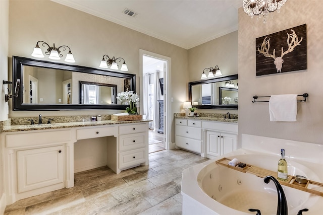 bathroom featuring a whirlpool tub, ornamental molding, vanity, and visible vents