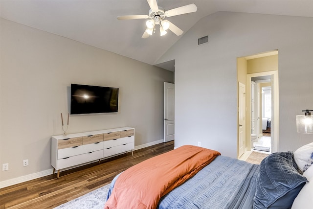 bedroom with lofted ceiling, visible vents, ceiling fan, wood finished floors, and baseboards