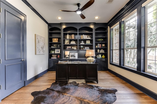 office space featuring light wood finished floors, ornamental molding, baseboards, and a healthy amount of sunlight