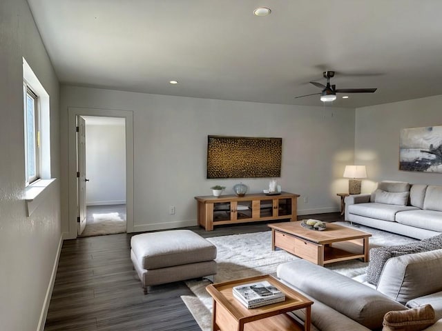 living area with recessed lighting, ceiling fan, baseboards, and wood finished floors