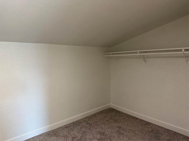 walk in closet featuring dark colored carpet and vaulted ceiling