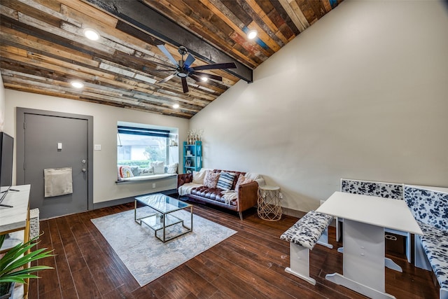 living area featuring high vaulted ceiling, wooden ceiling, wood-type flooring, and a ceiling fan