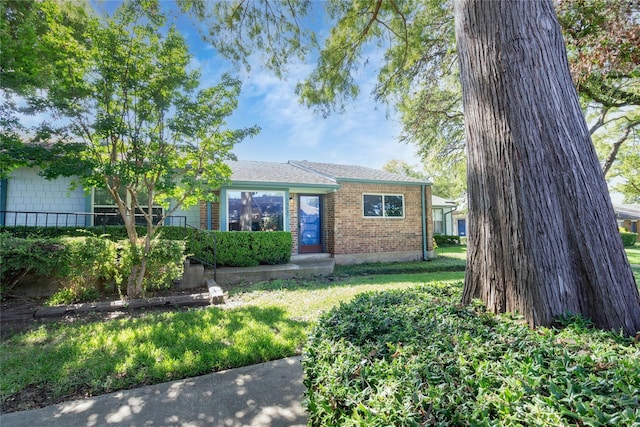 view of front of home with a shingled roof, brick siding, and a front lawn