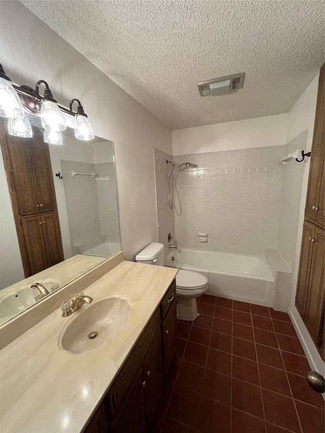 bathroom featuring visible vents, a textured ceiling, shower / bathing tub combination, toilet, and tile patterned floors