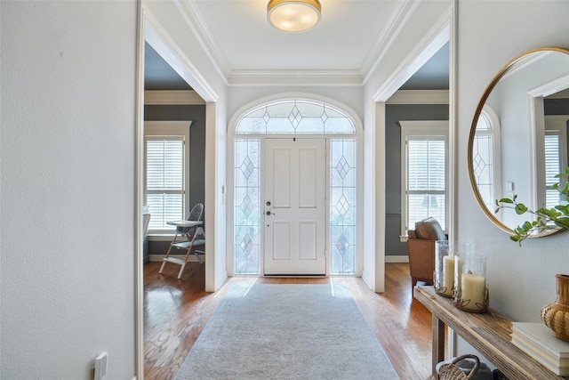 foyer featuring crown molding, baseboards, and wood finished floors