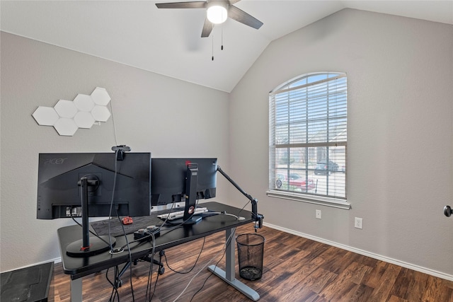 home office with ceiling fan, baseboards, vaulted ceiling, and wood finished floors