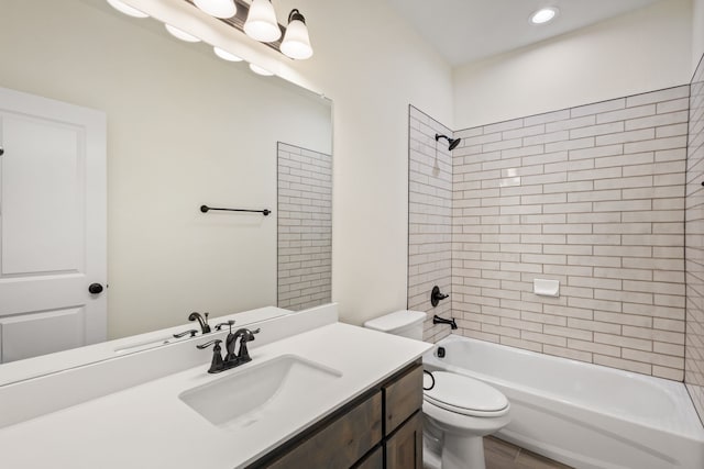 full bathroom featuring shower / bath combination, vanity, toilet, and wood finished floors