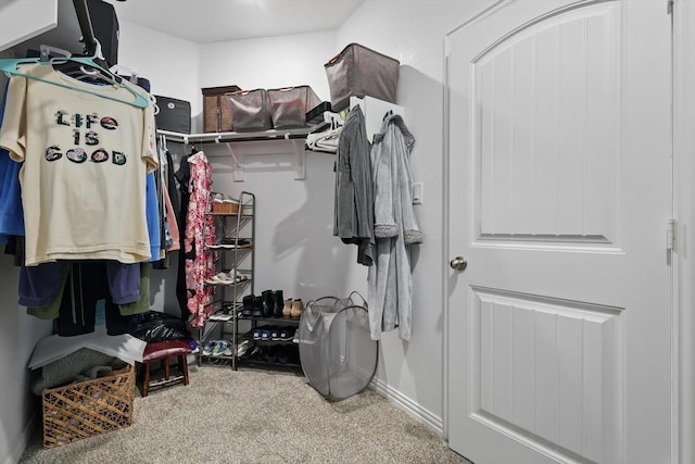 walk in closet featuring carpet flooring