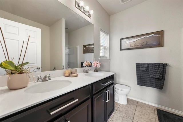 full bath with toilet, a stall shower, tile patterned flooring, and a sink