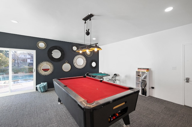 game room with carpet floors, pool table, and recessed lighting