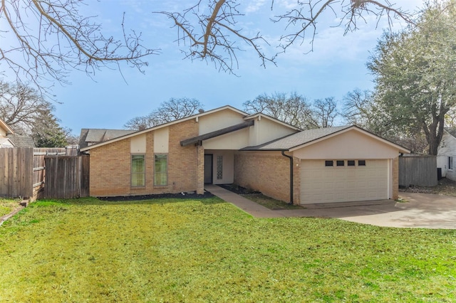 mid-century modern home with driveway, a front lawn, fence, a garage, and brick siding