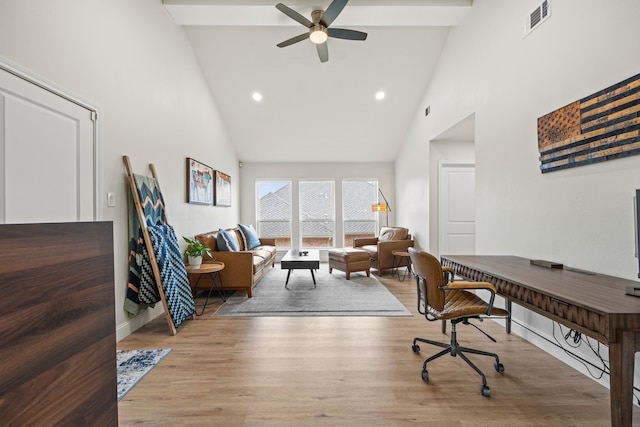 1607 Amesbury Ln, Rockwall, TX 75087 - office space featuring high vaulted ceiling, ceiling fan, wood finished floors, and recessed lighting