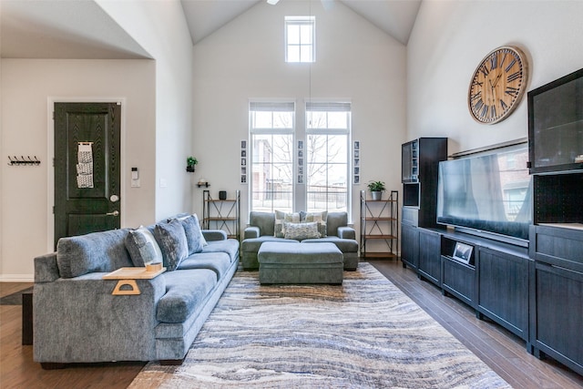 living area with high vaulted ceiling and wood finished floors