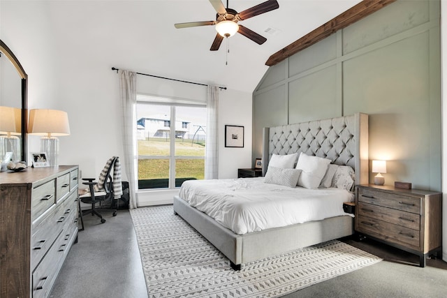 bedroom featuring visible vents, high vaulted ceiling, and a ceiling fan