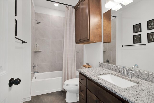 bathroom with recessed lighting, shower / bathtub combination with curtain, toilet, and vanity