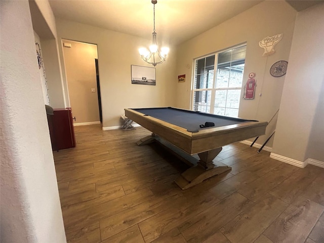 recreation room with billiards, hardwood / wood-style flooring, and baseboards