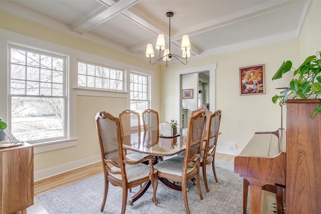 dining area with light wood-style flooring, baseboards, coffered ceiling, and a wealth of natural light