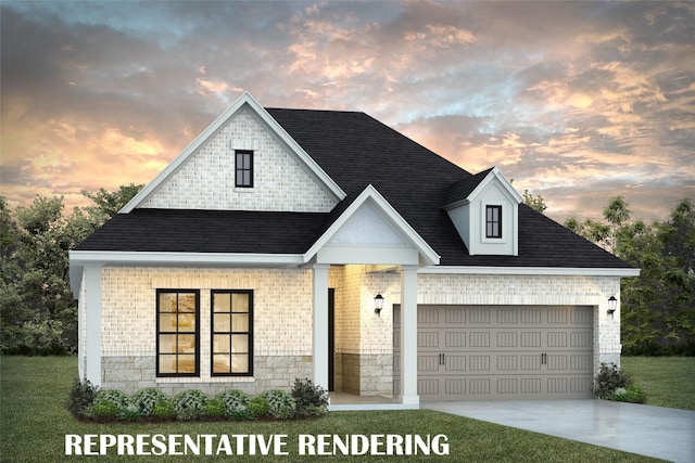 view of front facade featuring driveway, a garage, a shingled roof, stone siding, and brick siding