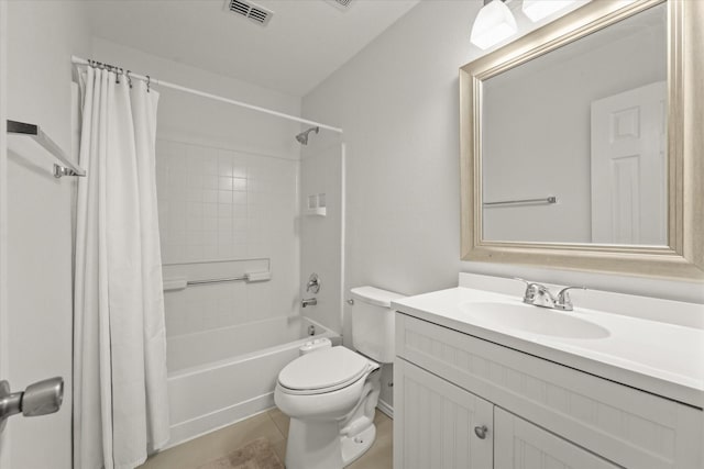 bathroom with visible vents, toilet, vanity, and shower / bathtub combination with curtain