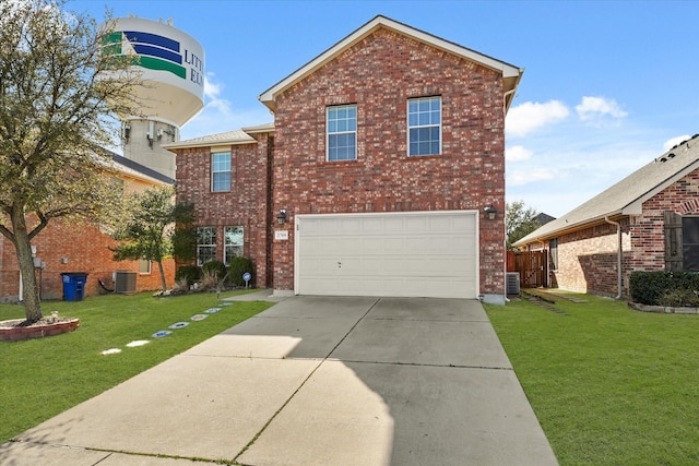 traditional-style house featuring a garage, a front lawn, concrete driveway, and brick siding