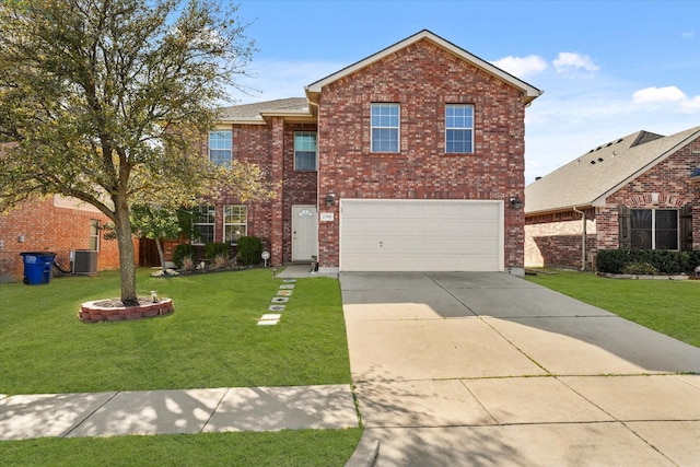 traditional-style house featuring brick siding, an attached garage, concrete driveway, and a front lawn