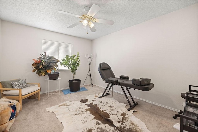 exercise room with a textured ceiling, carpet floors, and baseboards