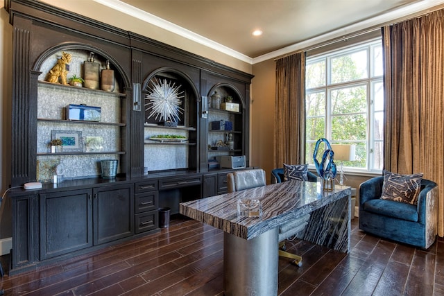 office featuring dark wood-style floors and ornamental molding