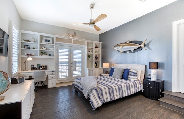 bedroom with access to exterior, dark wood-type flooring, built in desk, and french doors