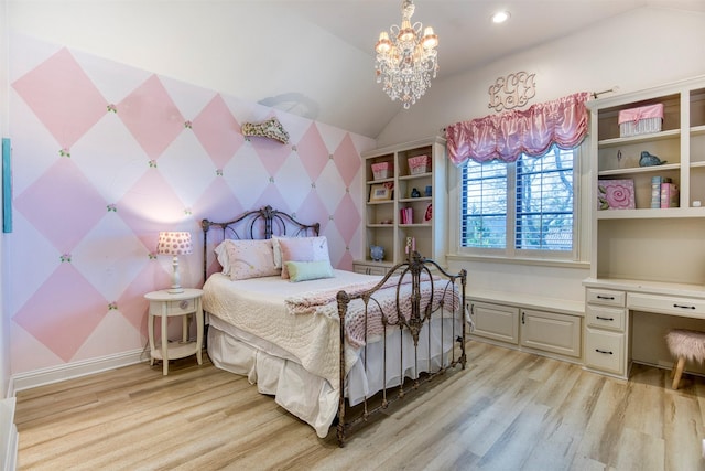 bedroom featuring recessed lighting, light wood-style floors, vaulted ceiling, built in study area, and an inviting chandelier