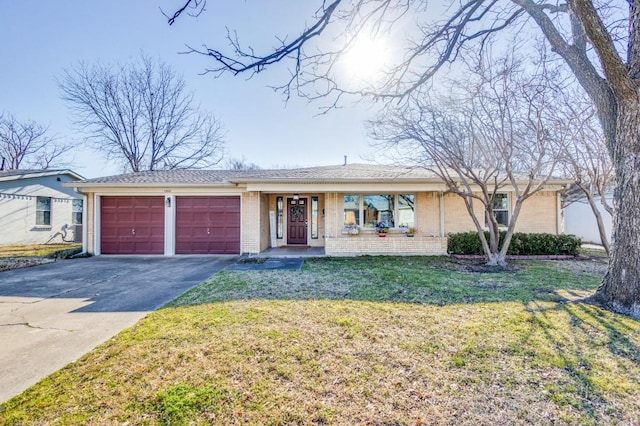 ranch-style home featuring brick siding, a front lawn, a porch, a garage, and driveway