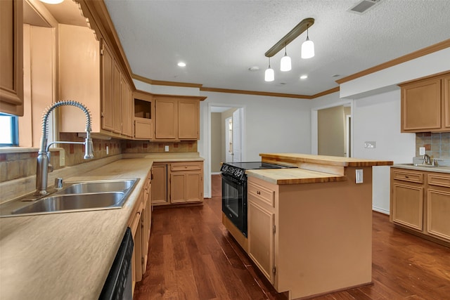 kitchen featuring dark wood-style floors, black range with electric stovetop, a kitchen island, and a sink