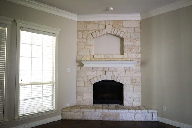 room details featuring ornamental molding, a fireplace, and baseboards