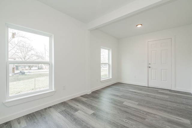 spare room with baseboards and wood finished floors