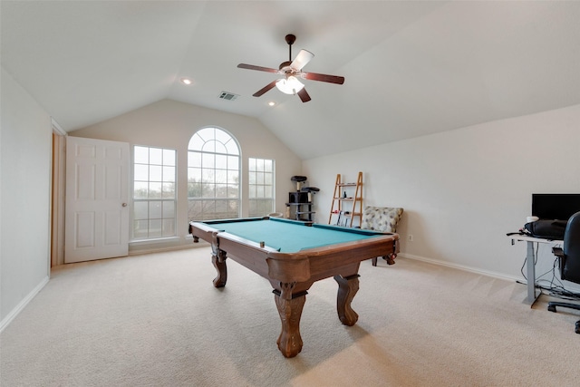 rec room featuring lofted ceiling, carpet, visible vents, and baseboards