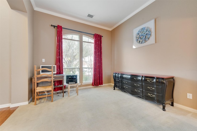 office featuring ornamental molding, plenty of natural light, and visible vents