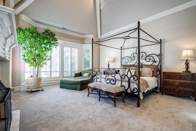 5340 Jessica Ln, Frisco, TX 75034 - carpeted bedroom with high vaulted ceiling and ornamental molding